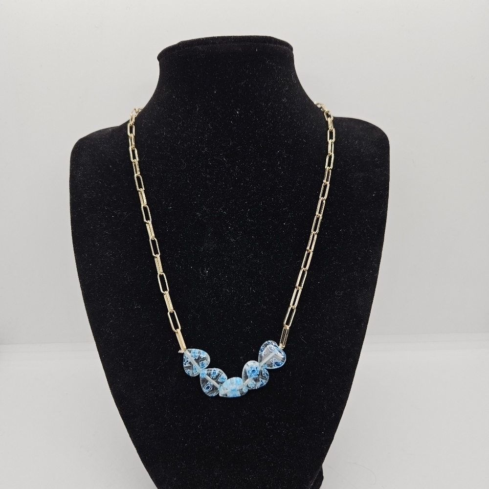 Sugarfix gold tone chain necklace with clear and blue heart beads